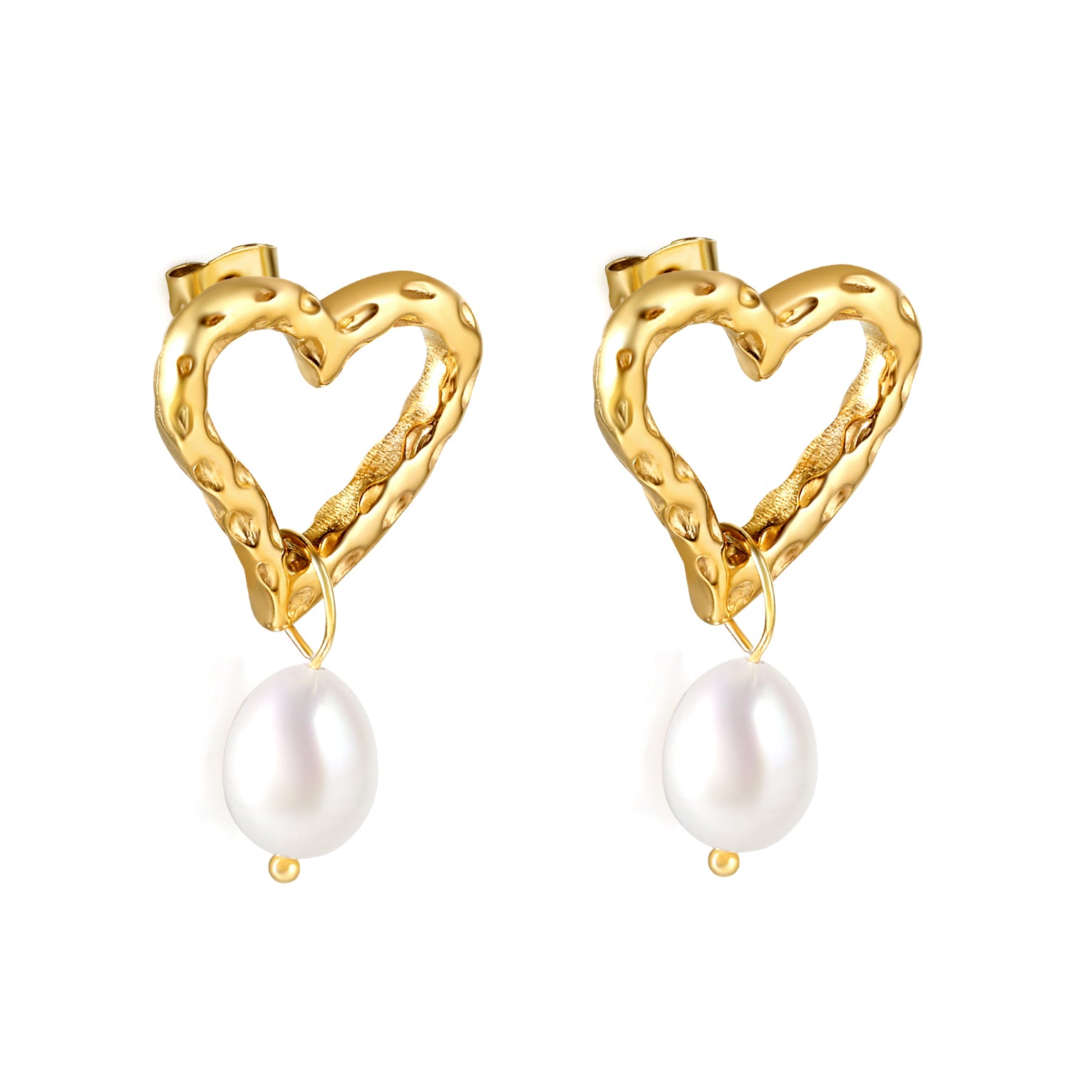 18k gold plated heart-shaped earrings with pearl drops on a white background waterproof anti tarnish jewelry india elazo 