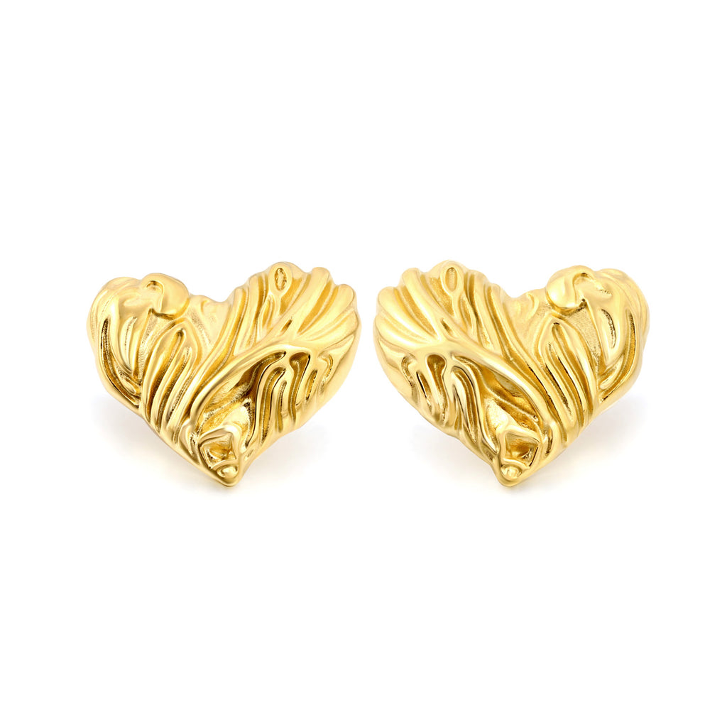 Pair of gold heart-shaped earrings on a white background