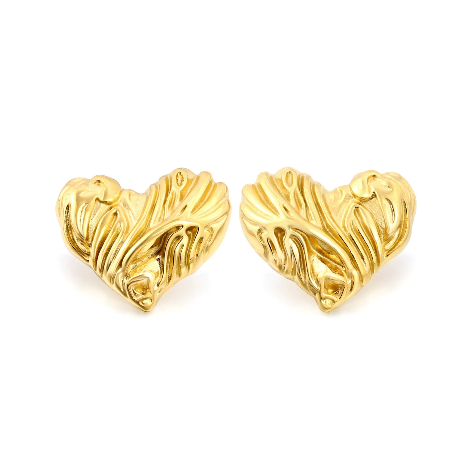 Pair of gold heart-shaped earrings on a white background