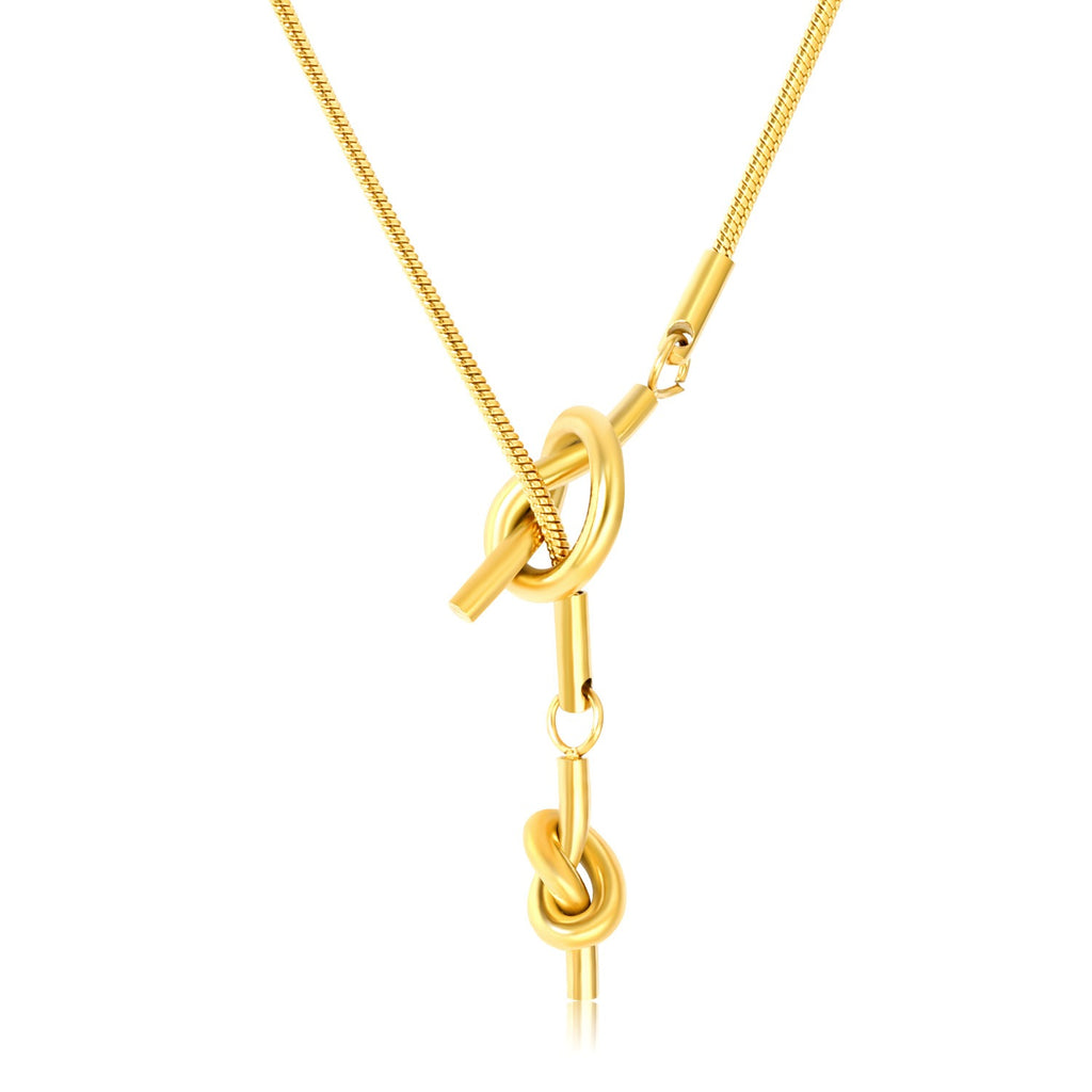 elazo waterproof anti tarnish jewelry  18k gold plated necklace with a knot pendant on a white background