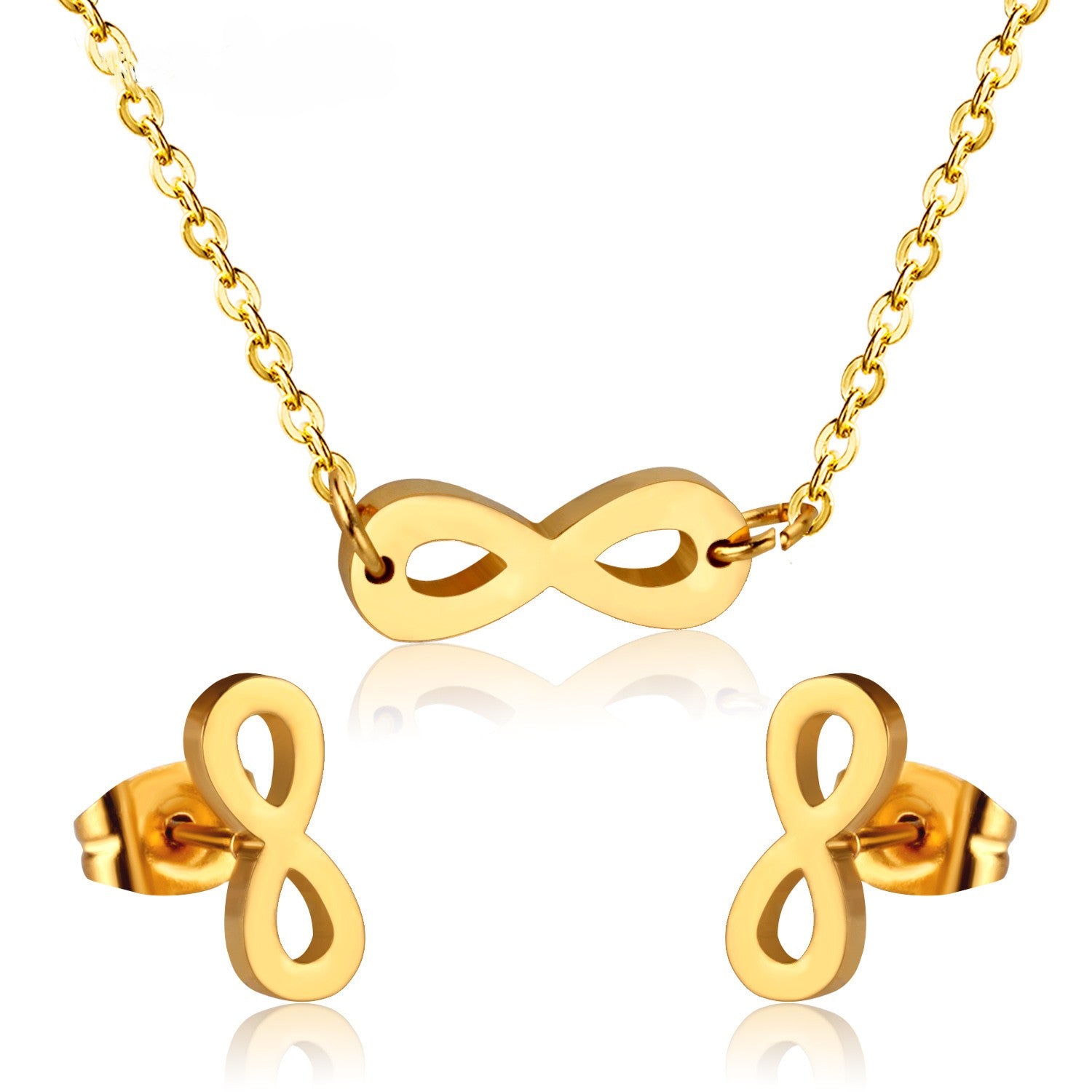 Gold infinity symbol necklace and earrings on a white background