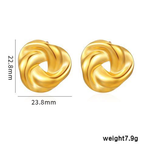 Gold knot earrings with measurements on a white background