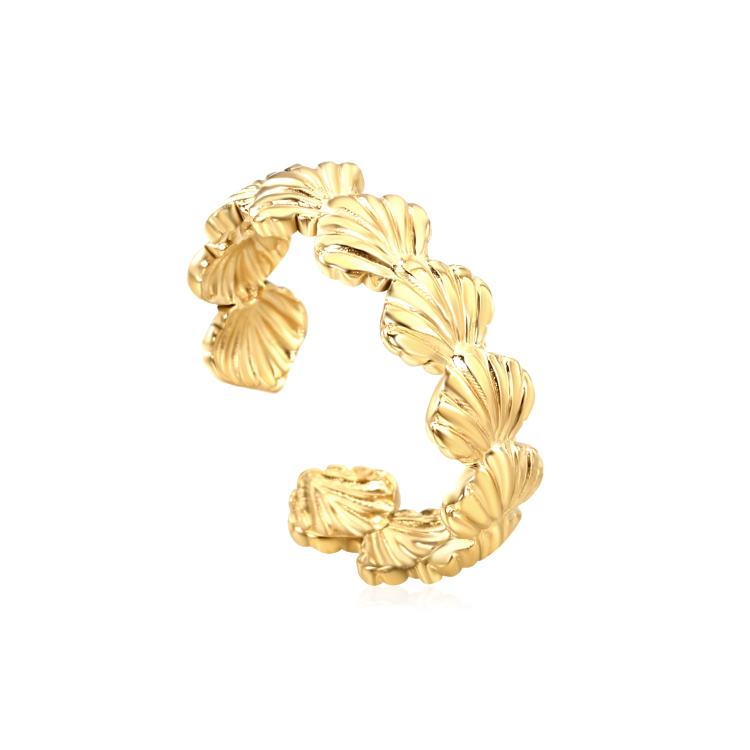 Gold ring with leaf-like design on a white background