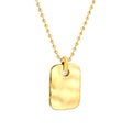 Gold necklace with a rectangular pendant on a white background