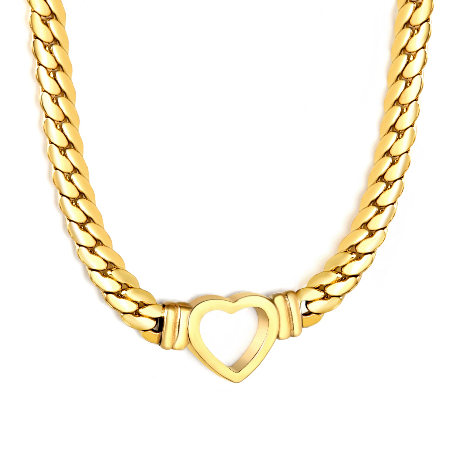18K Gold Plated on premium Stainless Steel, this necklace  is 100% waterproof, sweat-proof, and anti-tarnish. Designed for active women. Skin-friendly for the Chennai gym heat. Buy 2 Get 1 FREE! chain necklace with a heart-shaped clasp on a white background