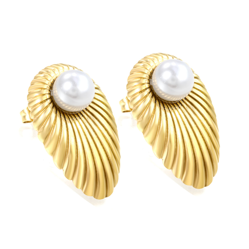 18k gold plated waterproof anti tarnish jewelry india earrings with pearl centers on a white background elazo
