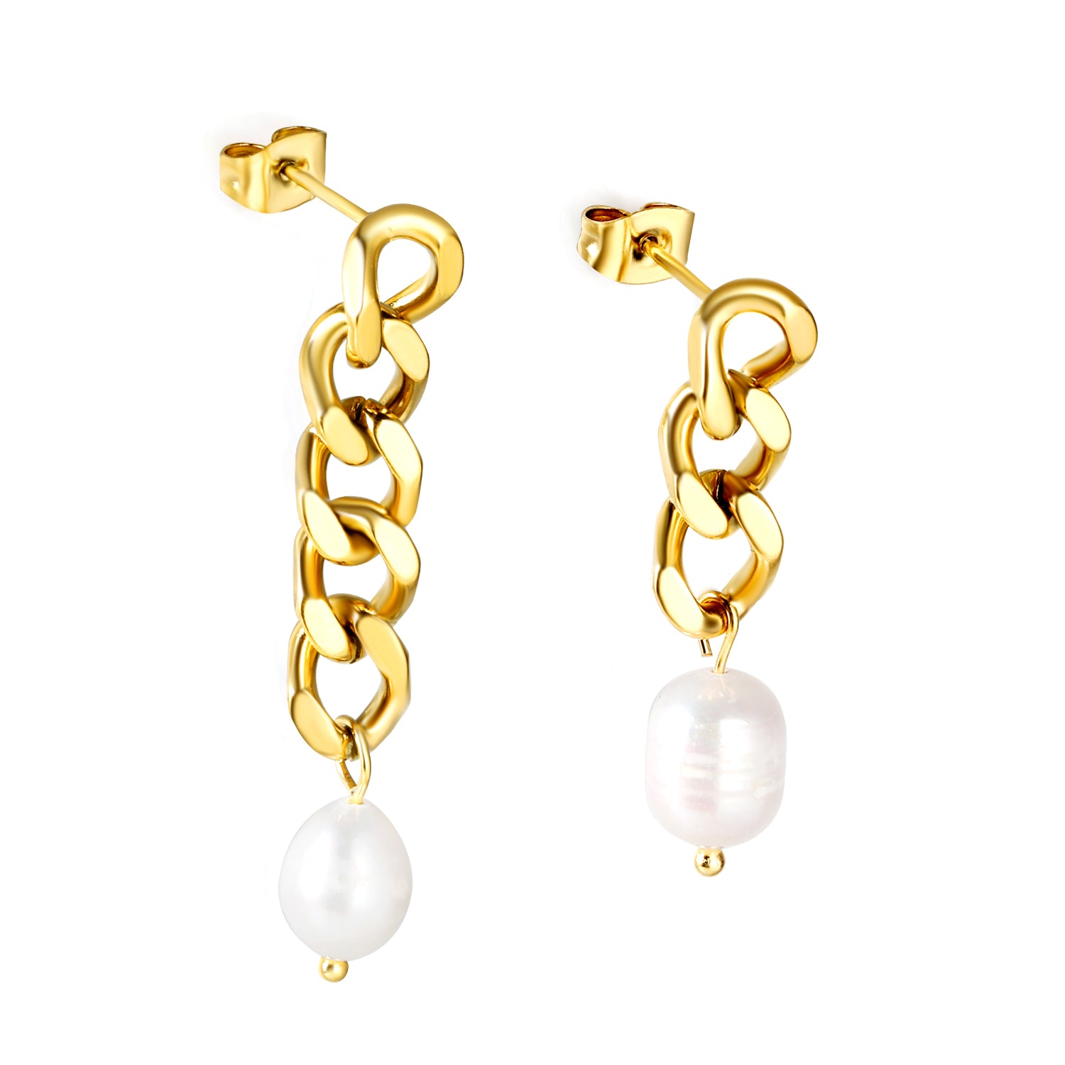 Gold chain earrings with pearl drops on a white background 18k gold plated | elazo