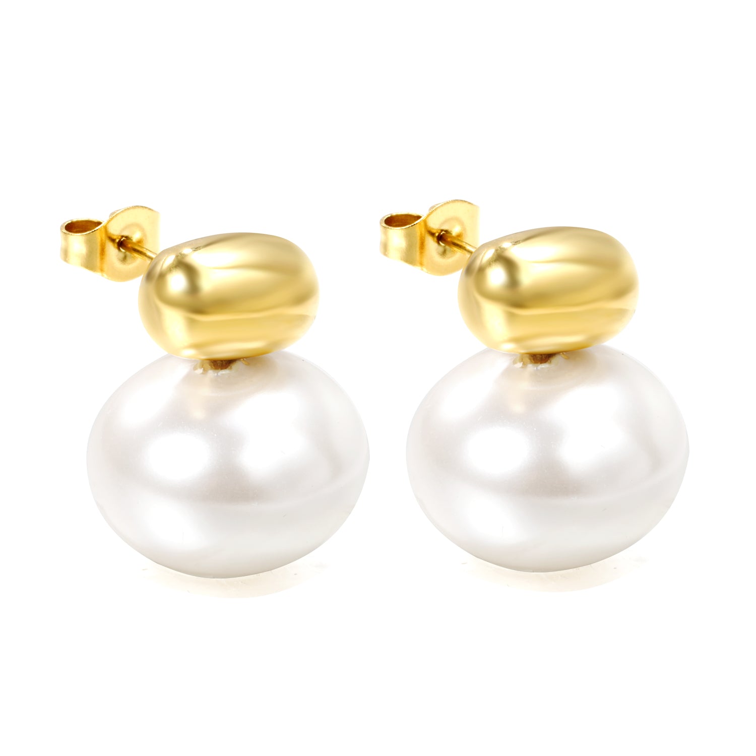 elazo Pair of pearl earrings with gold tops on a white background 18k gold plated 