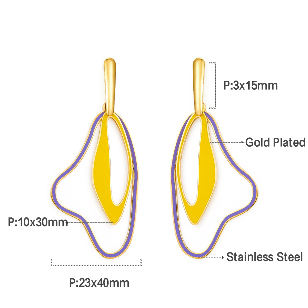 Gold-plated earrings with measurements on a white background