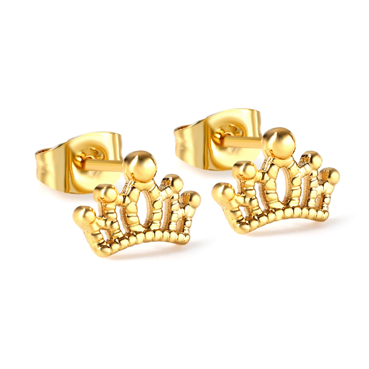 18k gold plated crown-shaped earrings with measurements and weight on a white background