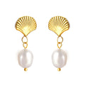 18k gold plated shell-shaped earrings with white pearls on a white  background elazo