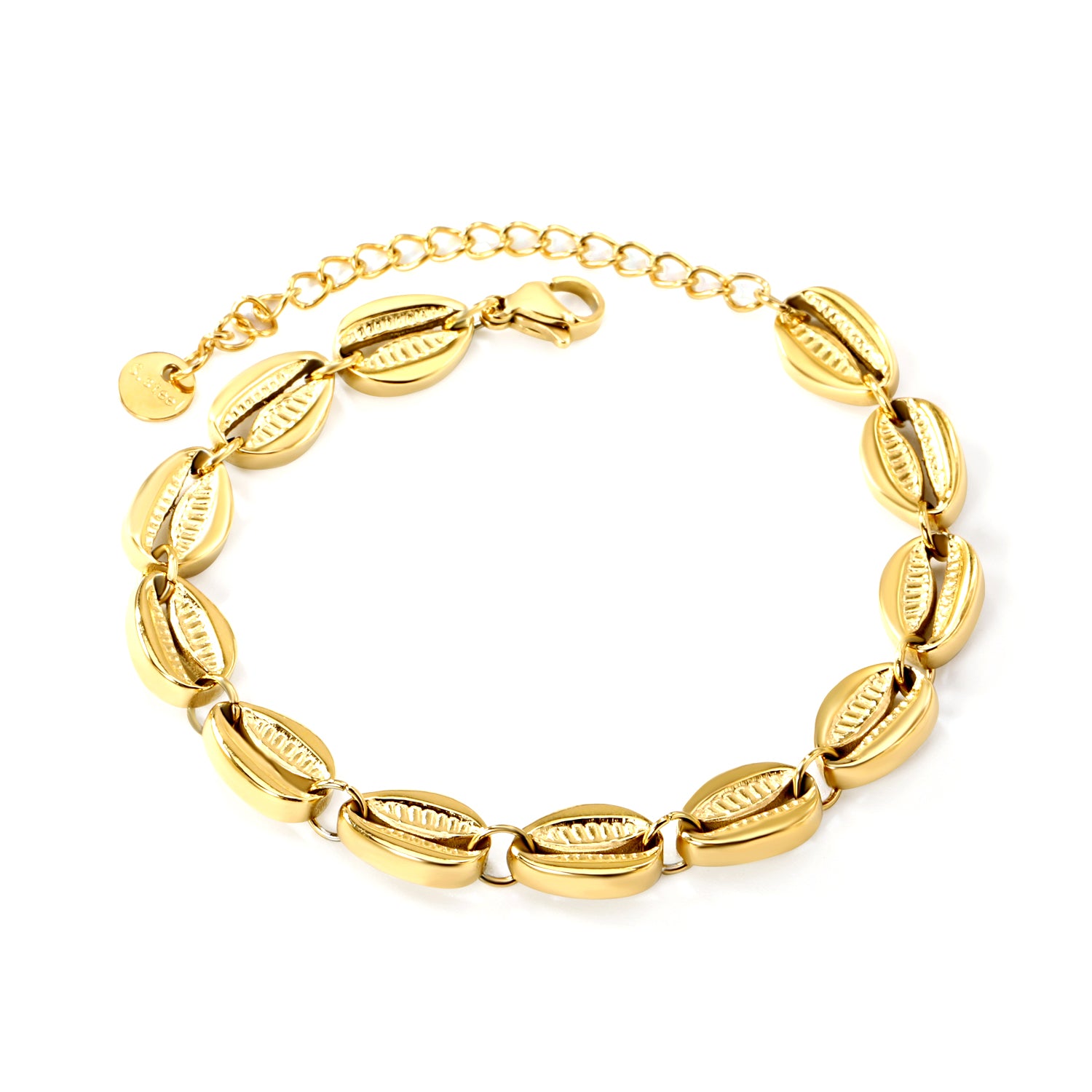 Gold bracelet with shell-like links on a white background