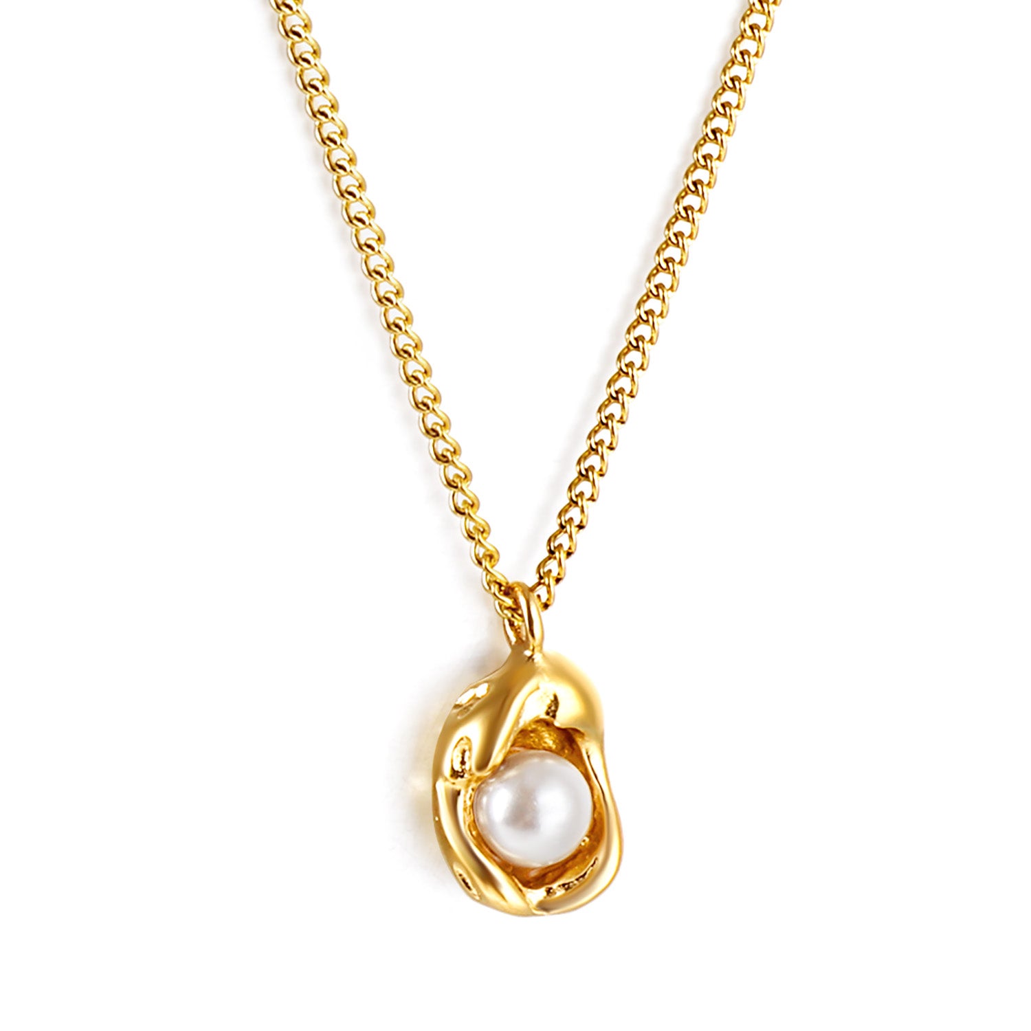 18k gold plated necklace with a pearl pendant on a white background 18K Gold Plated on premium Stainless Steel, this necklace and earring set is 100% waterproof, sweat-proof, and anti-tarnish. Designed for active women. Skin-friendly for the Chennai gym heat. Buy 2 Get 1 FREE!