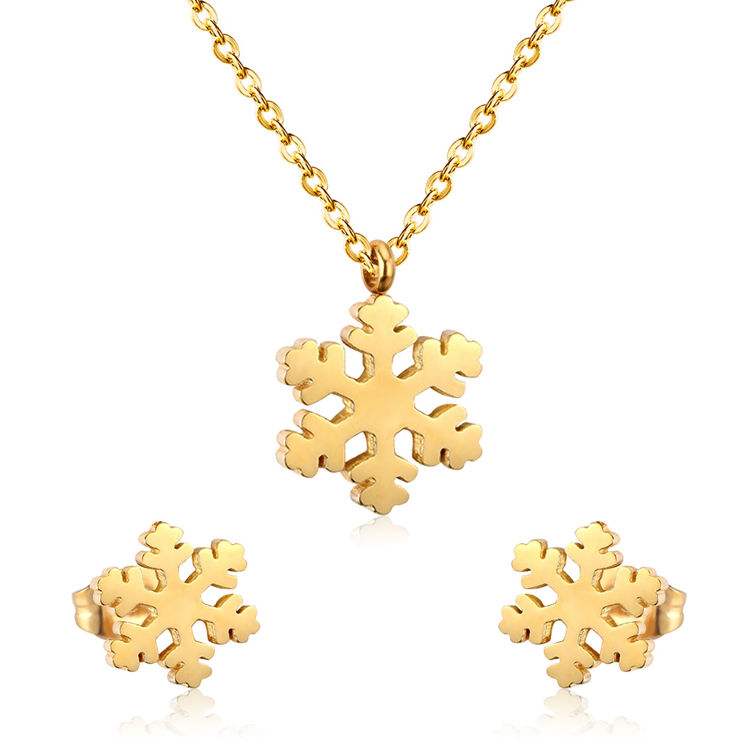 Gold snowflake necklace and earrings on a white background