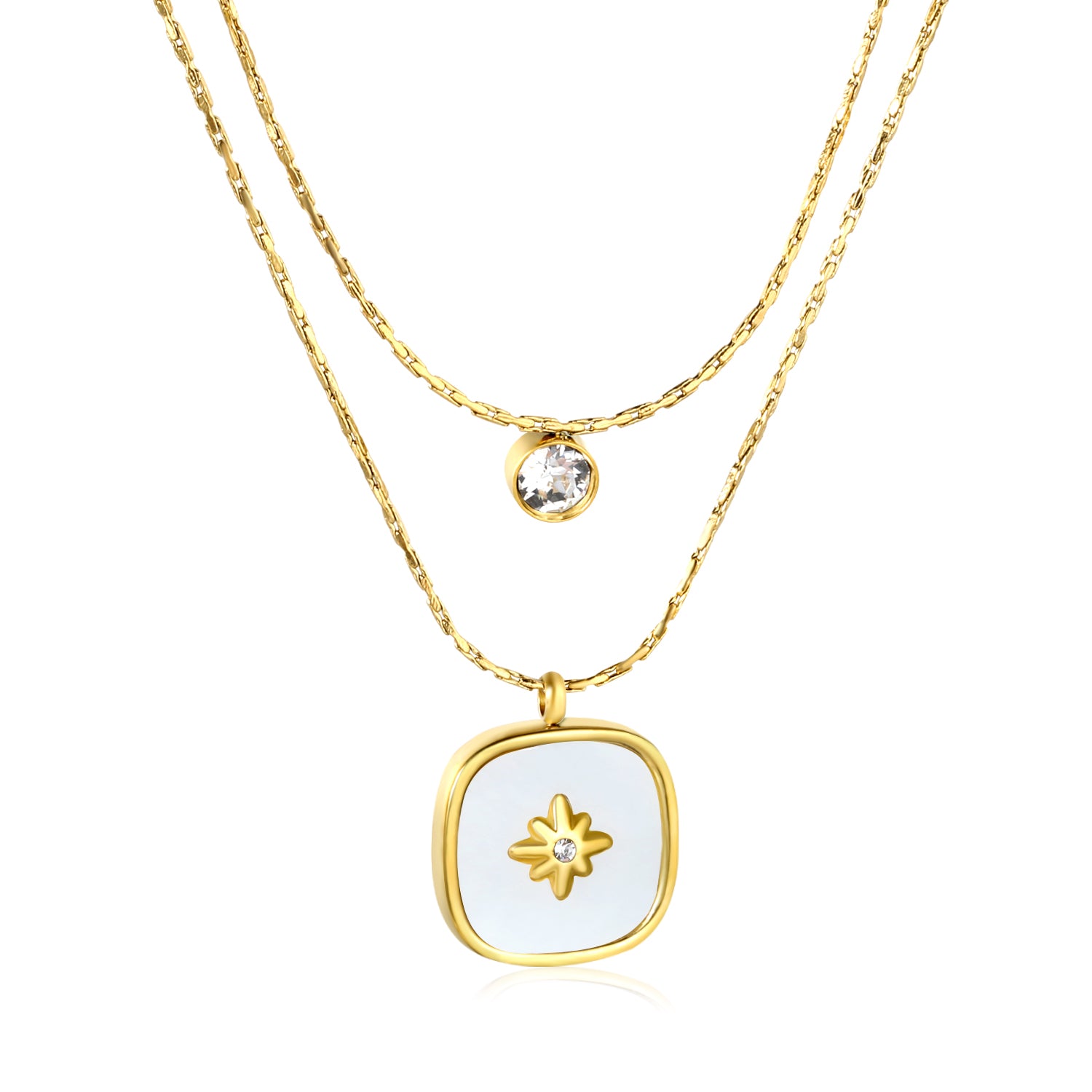 18K Gold Plated on premium Stainless Steel, this necklace  is 100% waterproof, sweat-proof, and anti-tarnish. Designed for active women. Skin-friendly for the Chennai gym heat. Buy 2 Get 1 FREE! necklaces with pendants on a white background