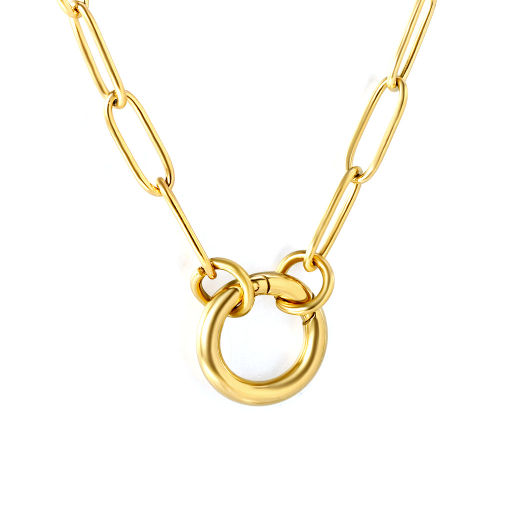 18k gold plated  chain necklace with a unique clasp design on a white background 18K Gold Plated on premium Stainless Steel, this necklace  is 100% waterproof, sweat-proof, and anti-tarnish. Designed for active women. Skin-friendly for the Chennai gym heat. Buy 2 Get 1 FREE!
