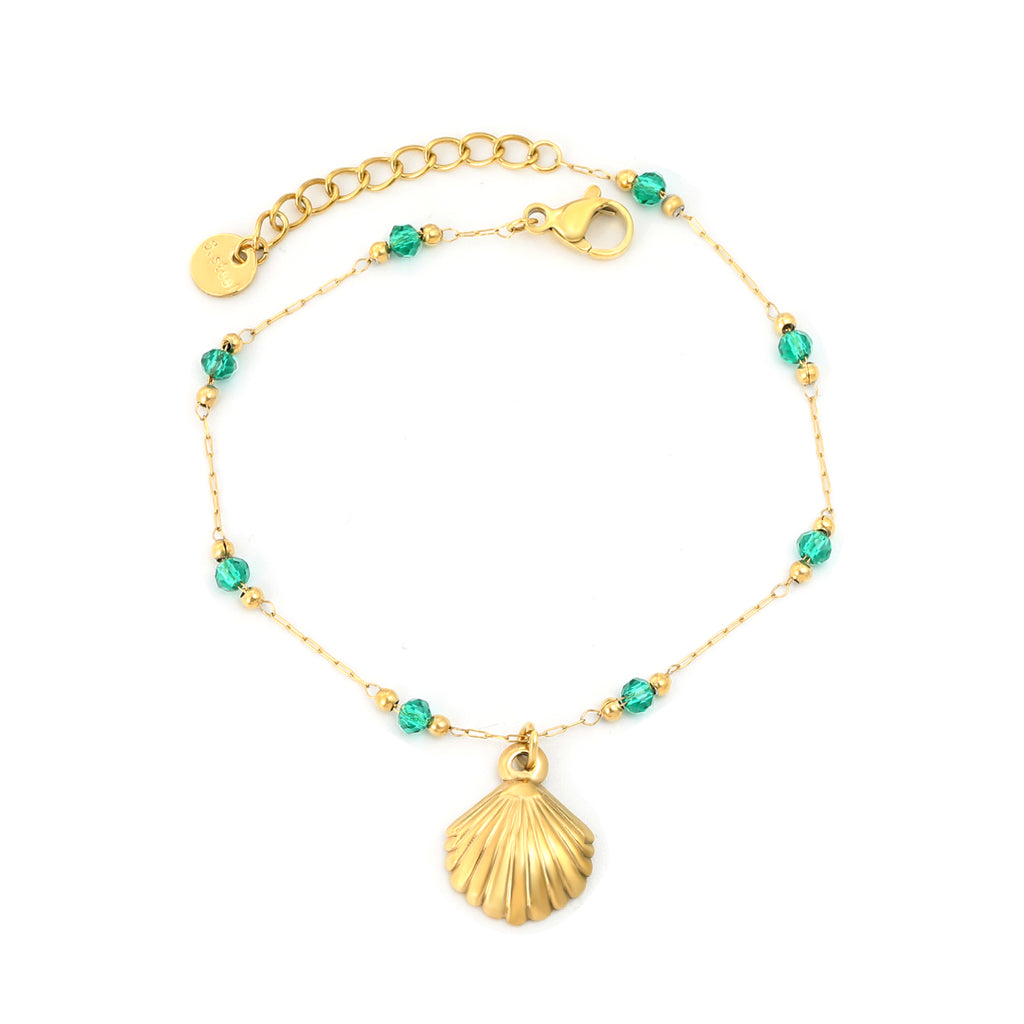 18k gold plated bracelet with shell charm and turquoise beads on a white background | elazo
