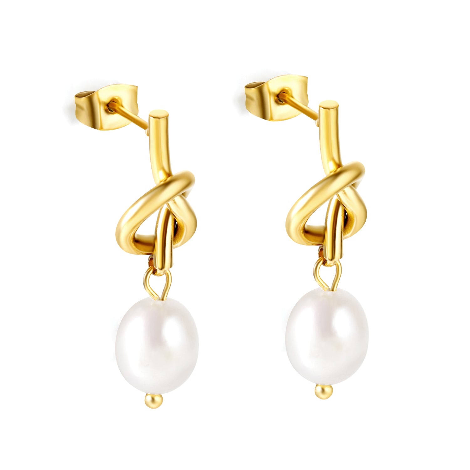 18k gold plated earrings with white pearls on a white background elazo