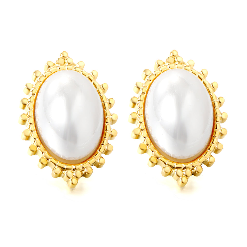 Pair of gold earrings with white pearls on a white background