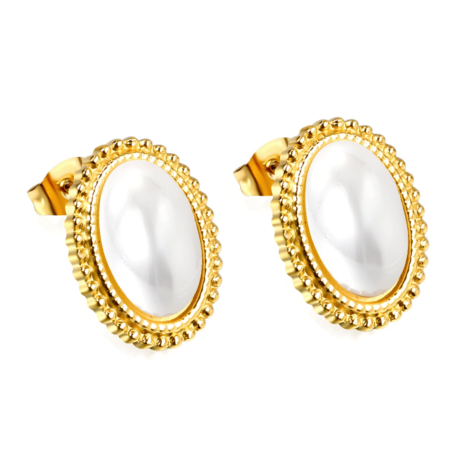 Gold earrings with white stones on a white background elazo 18k gold plated