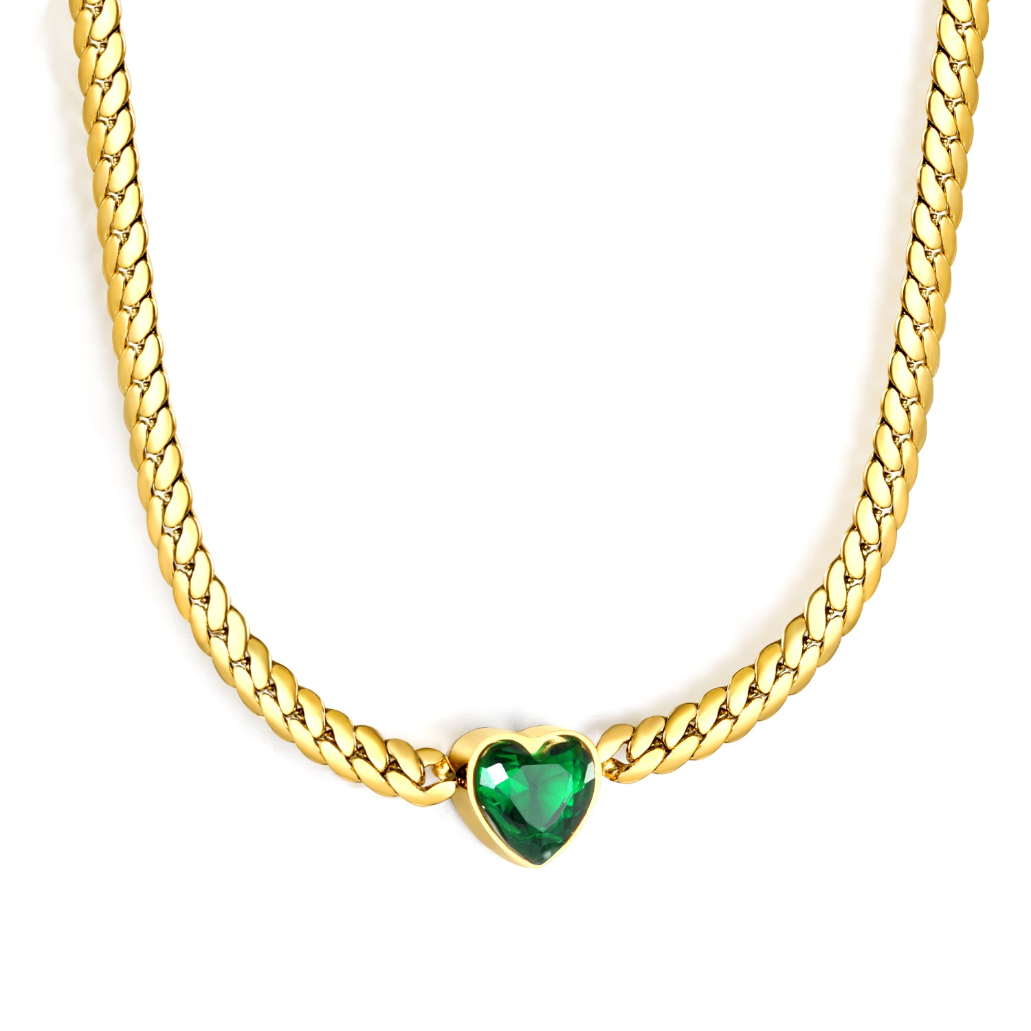 18k gold plated chain necklace with a heart-shaped green gemstone on a white background  18K Gold Plated on premium Stainless Steel, this necklace  is 100% waterproof, sweat-proof, and anti-tarnish. Designed for active women. Skin-friendly for the Chennai gym heat. Buy 2 Get 1 FREE!