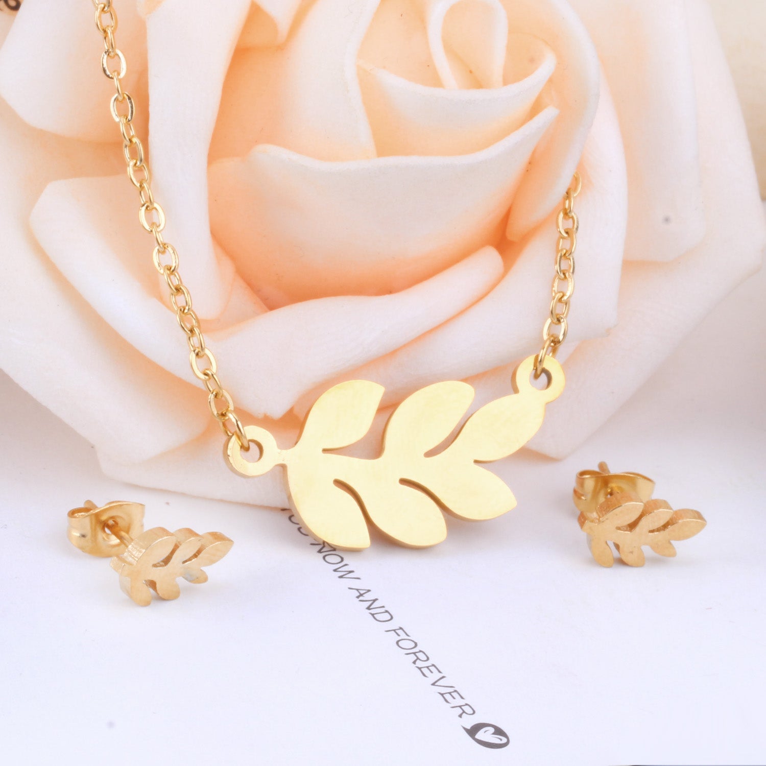 Gold Olive Branch Jewelry Set - Necklace & Earrings