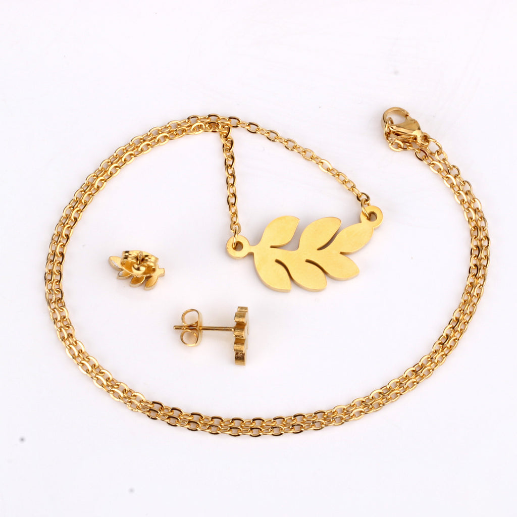 Gold Olive Branch Jewelry Set - Necklace & Earrings