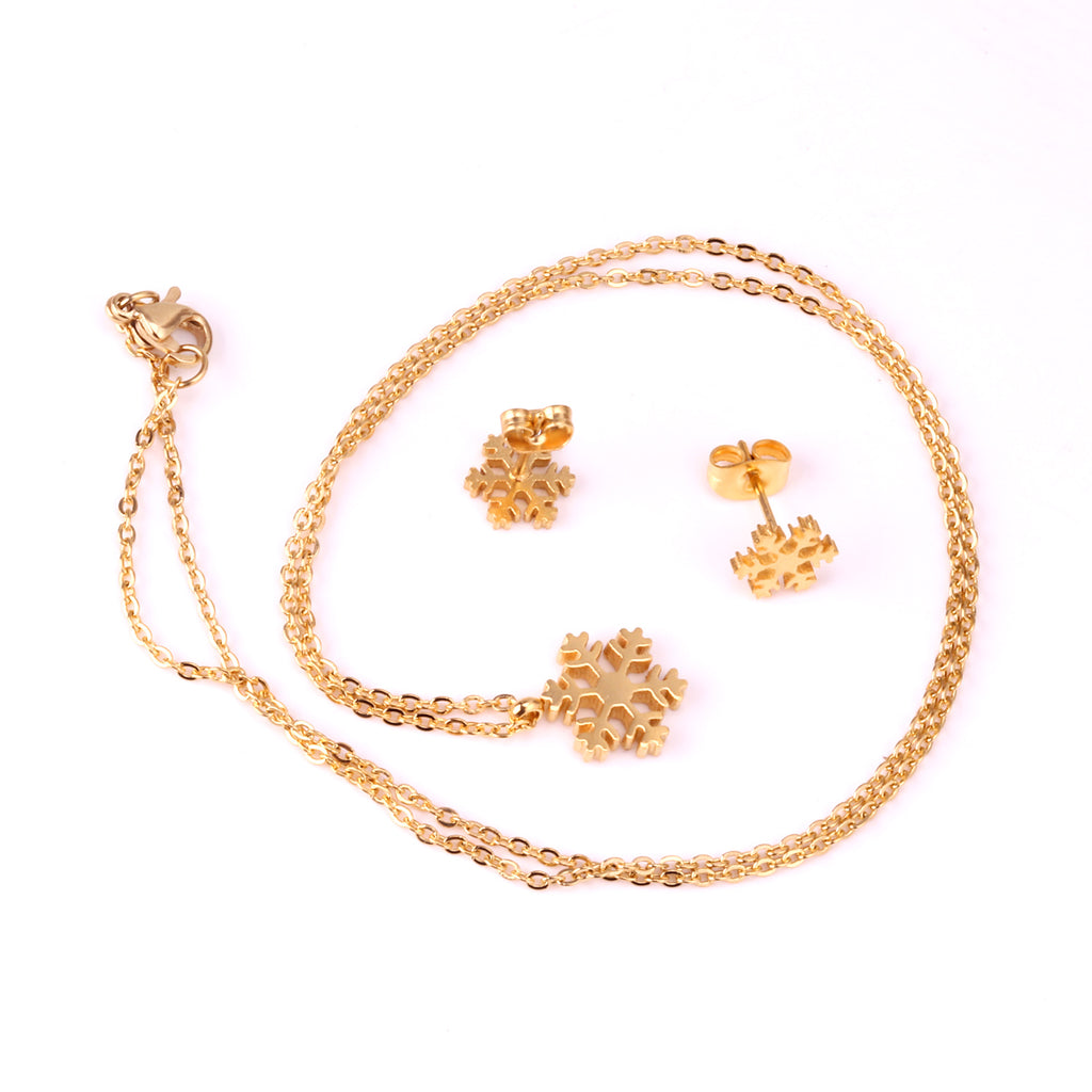 Gold Snowflake Jewelry Set - Necklace & Earrings