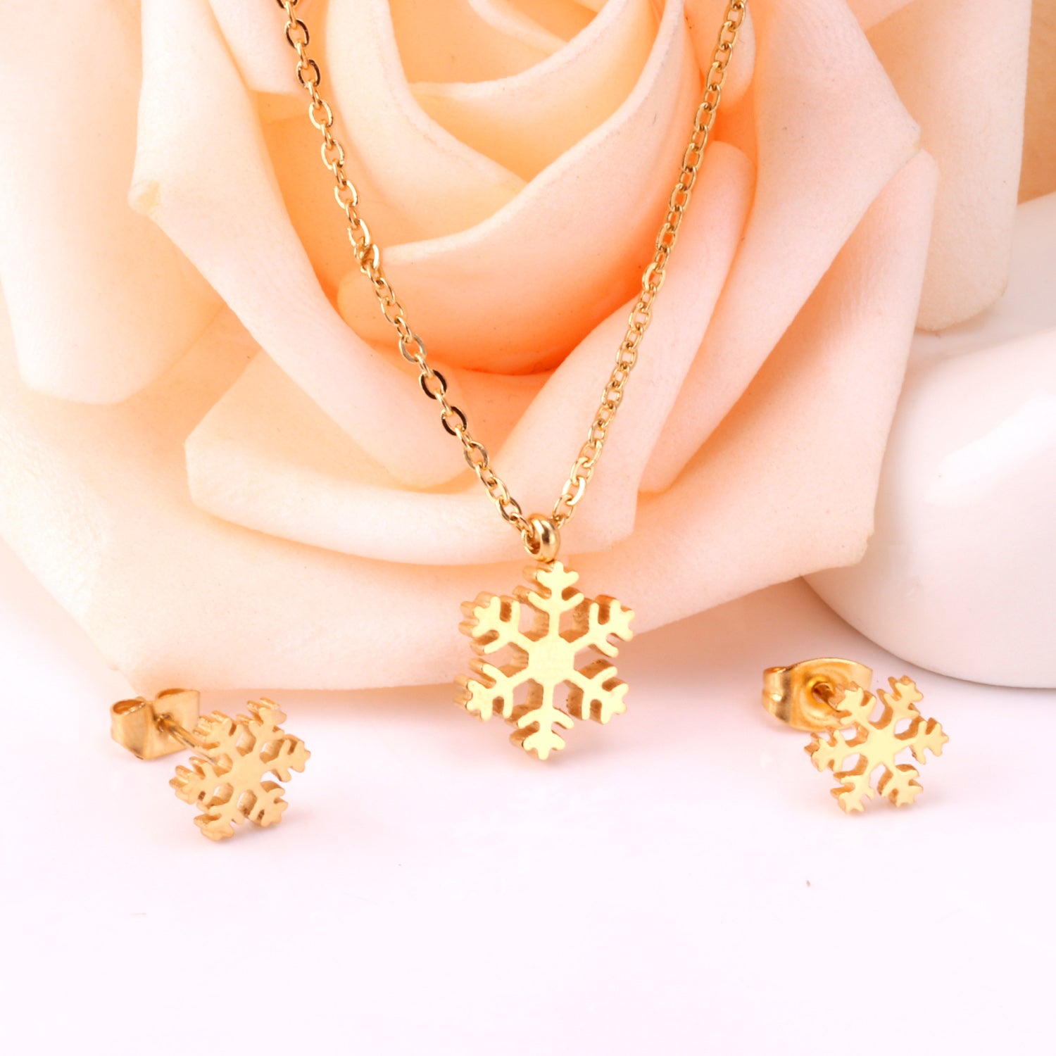 Gold Snowflake Jewelry Set - Necklace & Earrings