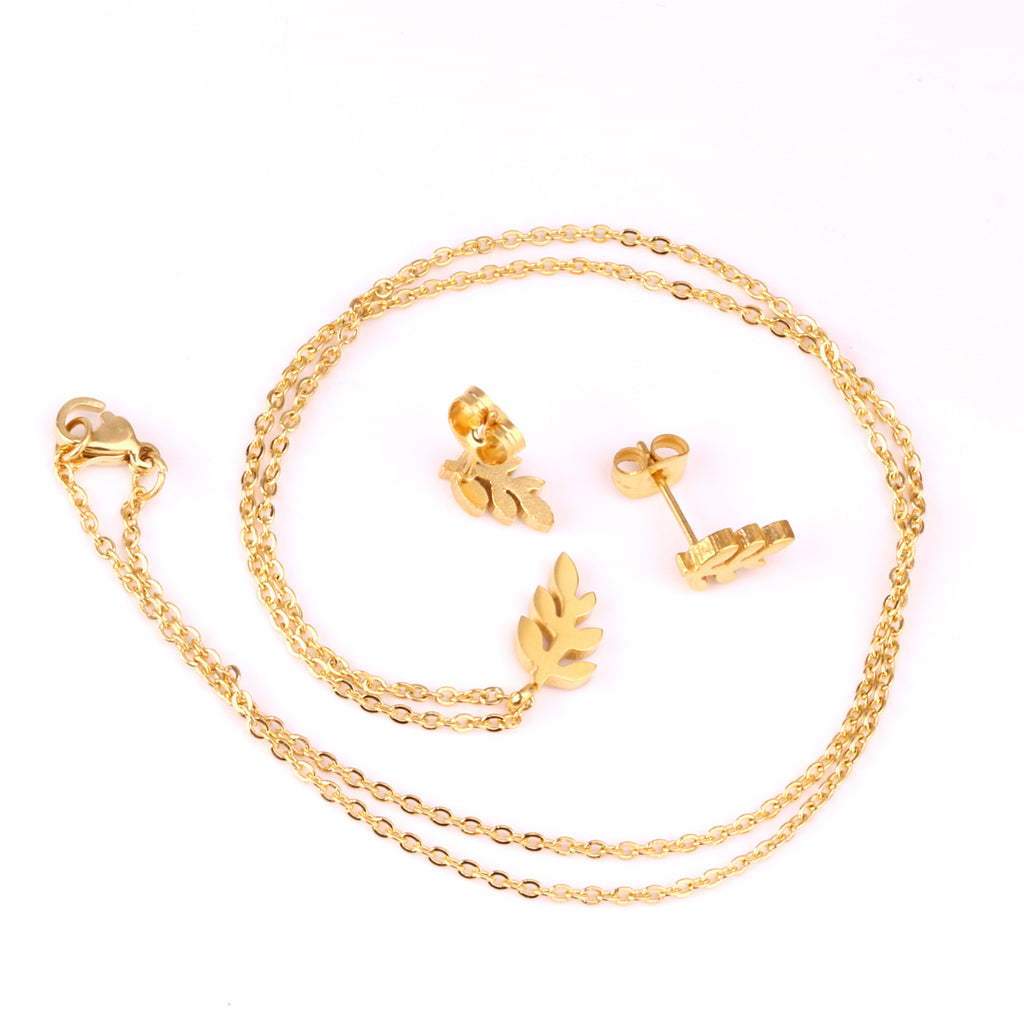 Gold Leaf Branch Jewelry Set - Pendant Necklace & Earrings