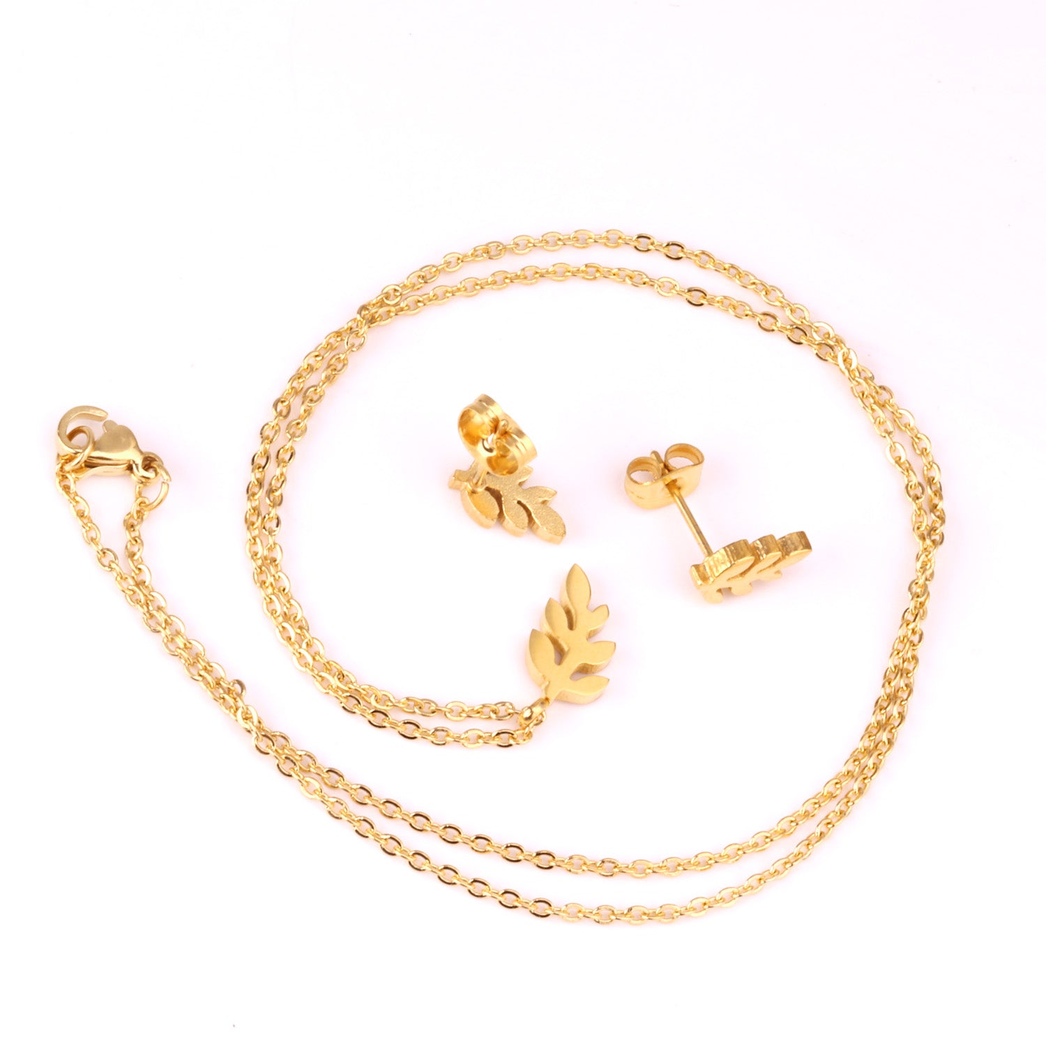 Gold Leaf Branch Jewelry Set - Pendant Necklace & Earrings