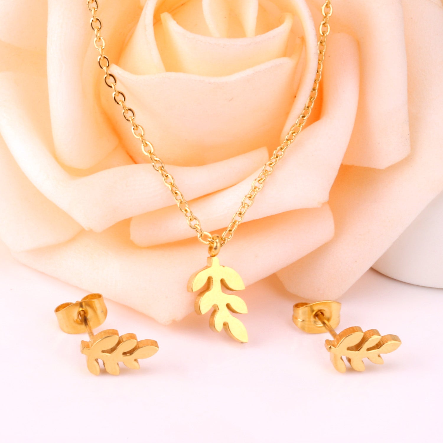 Gold Leaf Branch Jewelry Set - Pendant Necklace & Earrings