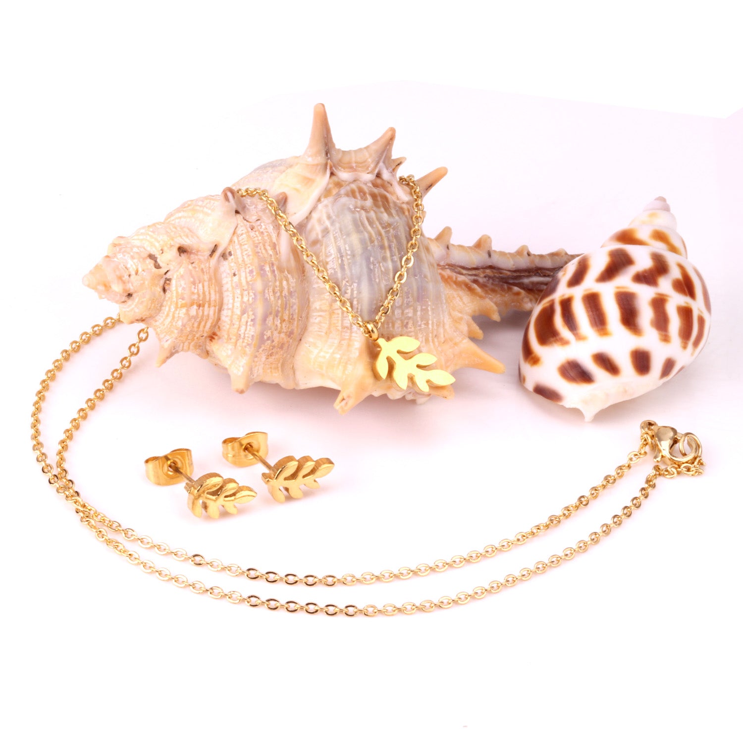 Gold Leaf Branch Jewelry Set - Pendant Necklace & Earrings