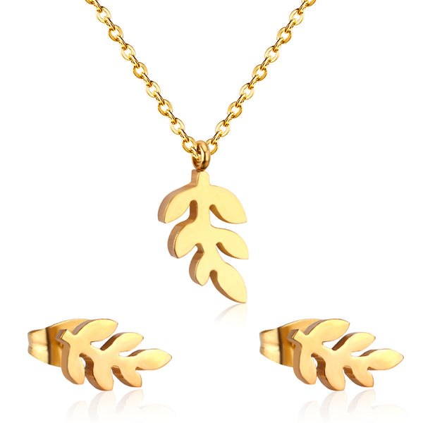 Gold Leaf Branch Jewelry Set - Pendant Necklace & Earrings