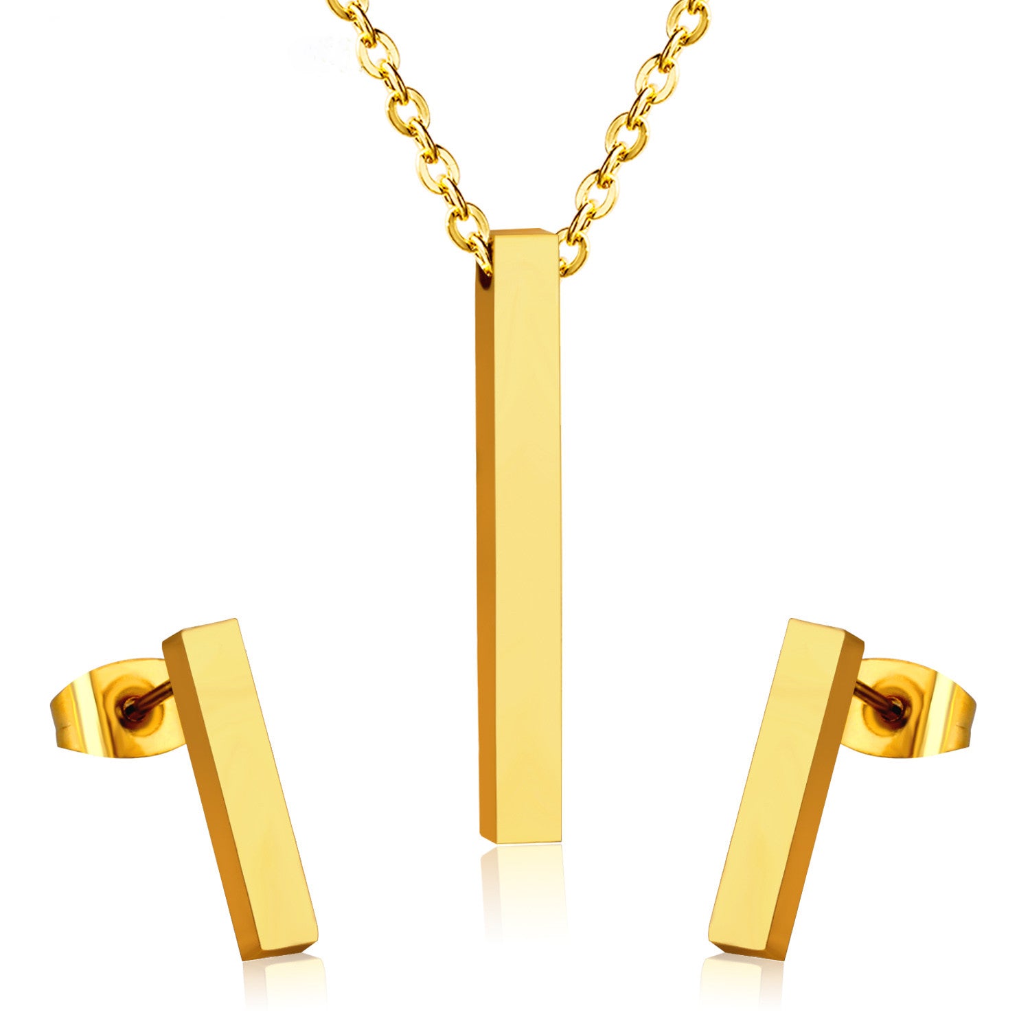 18k gold plated bar necklace and earrings on a white background