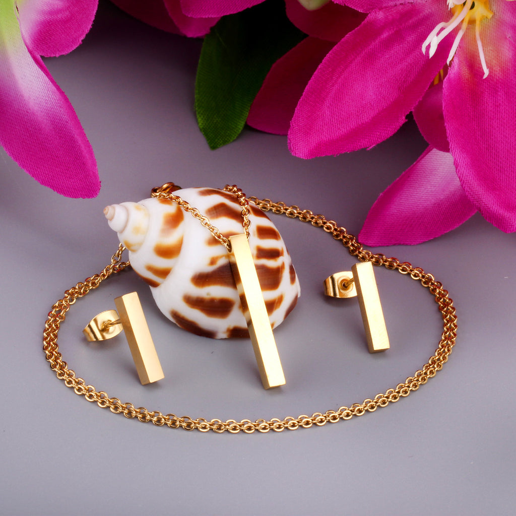 Minimalist Gold Bar Jewelry Set - Necklace & Earrings