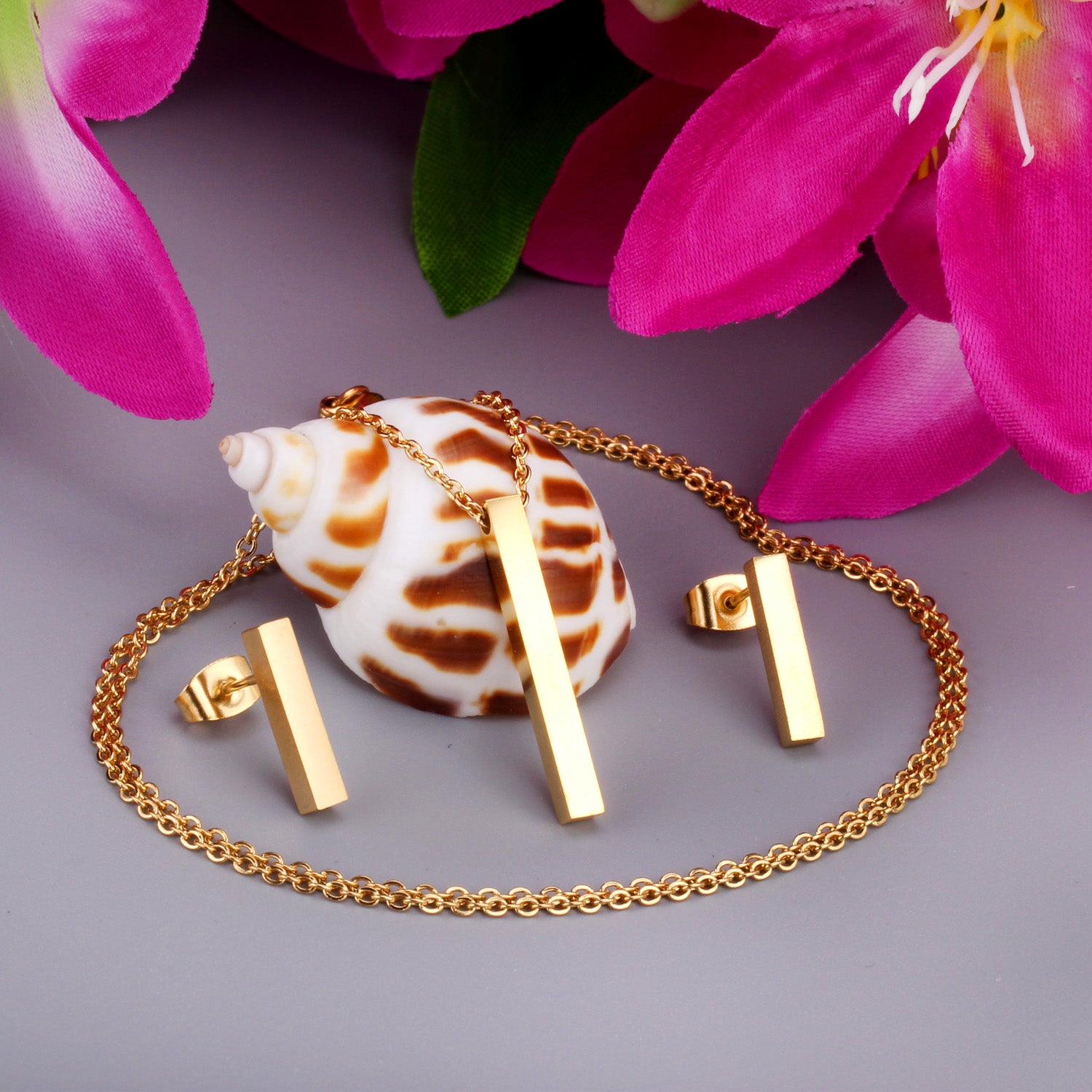 Minimalist Gold Bar Jewelry Set - Necklace & Earrings
