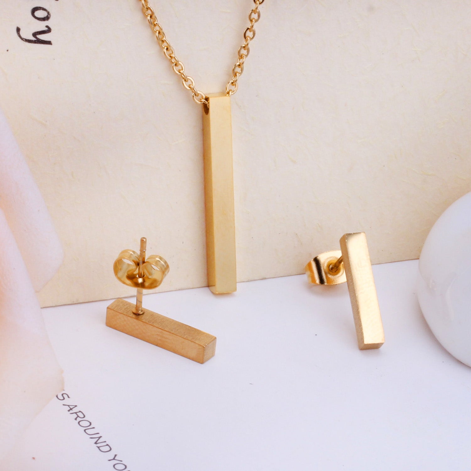 Minimalist Gold Bar Jewelry Set - Necklace & Earrings